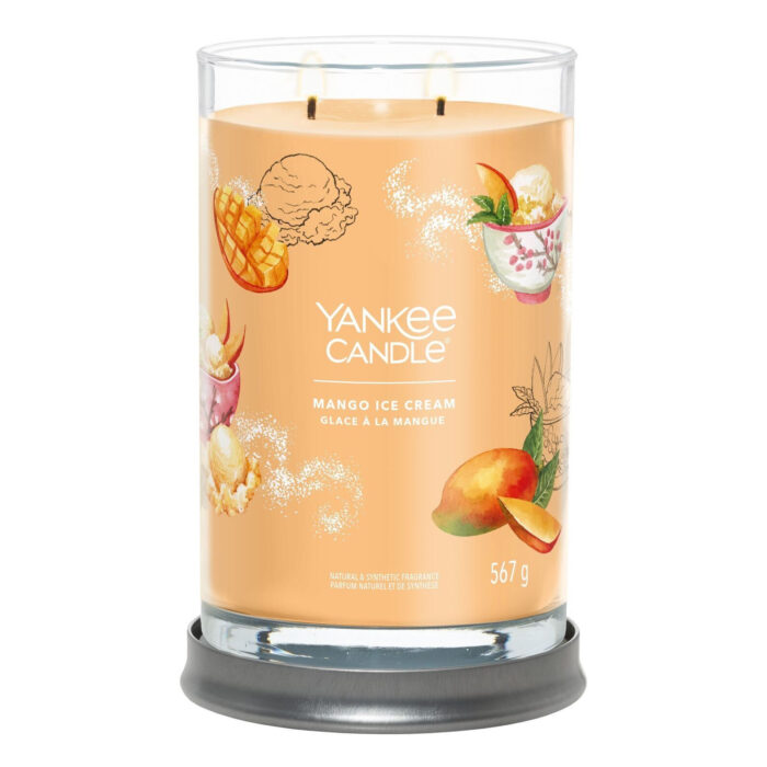 Mango Ice Cream Kerze ohne Deckel auf grauem Standfuß