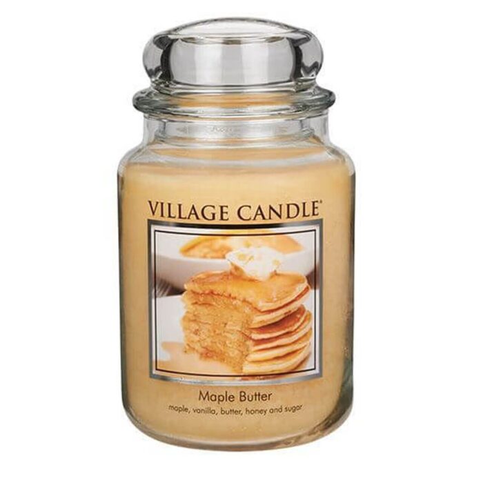 Maple Butter Kerze im Glas mit sichtbarem Pfannkuchenetikett