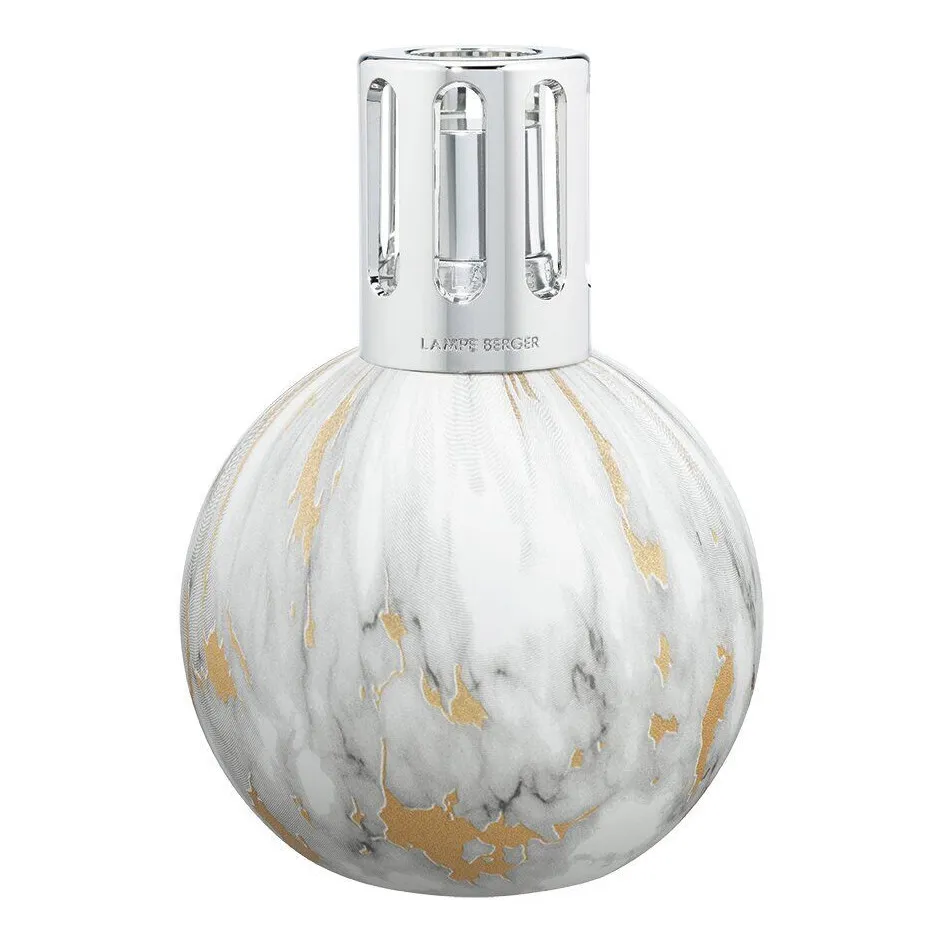 Lampe Berger Marbrure Weiß Runde weiße Lampe Berger mit grauer Marmorierung und goldfarbenen Details