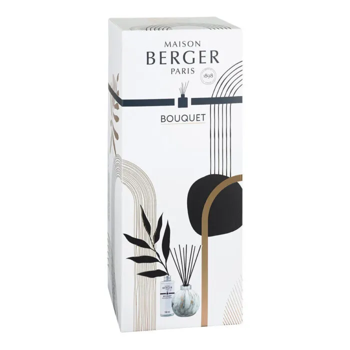 Weiße Maison-Berger-Verpackung mit Aufdruck Bouquet und Diffuserabbildung