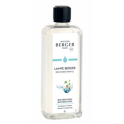 Transparente Maison Berger Nachfüllflasche mit schwarzem Verschluss und Etikett