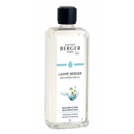 Transparente Maison Berger Nachfüllflasche mit schwarzem Verschluss und Etikett
