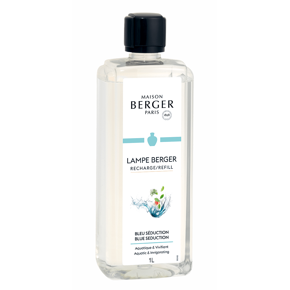 Bleu Séduction Recharge Refill 1L Transparente Maison Berger Nachfüllflasche mit schwarzem Verschluss und Etikett