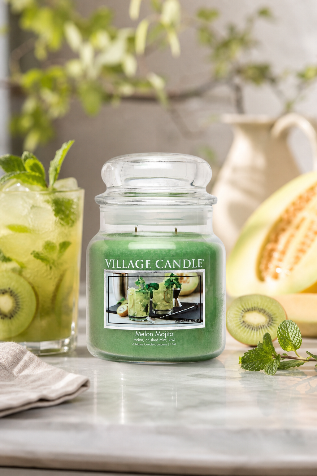 Village Candle Melon Mojito Kerze mit Limettengetränk, Kiwi, Minze und Melone