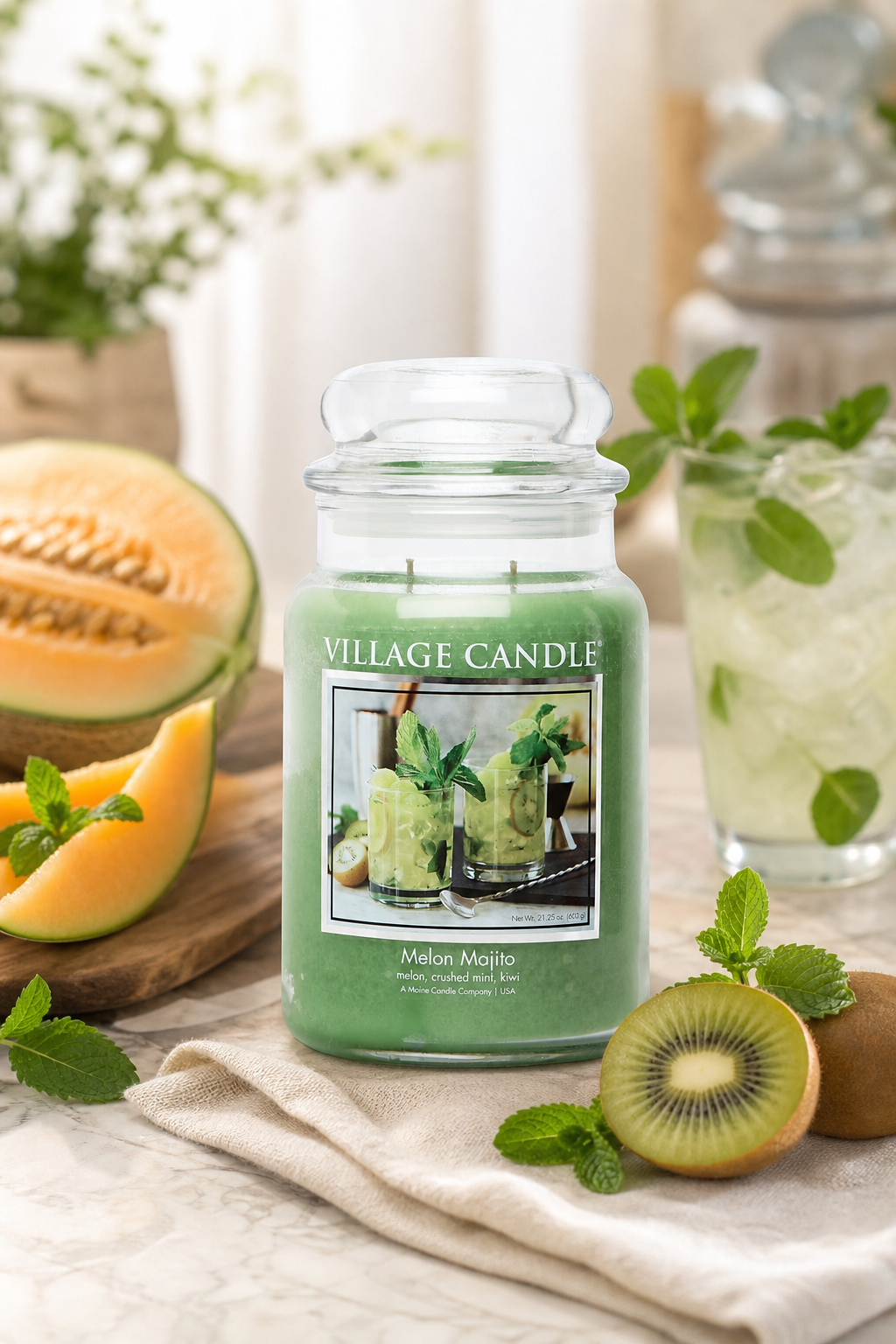 Village Candle Melon Mojito Kerze mit Melonen, Minze, Kiwi und Getränk im Hintergrund
