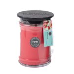 Nahaufnahme der rosa Melon Pop Kerze mit Bridgewater-Etikett und schwarzem Deckel