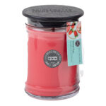 Rosa Melon Pop Kerze im Glas mit schwarzem Deckel und Anhängeetikett