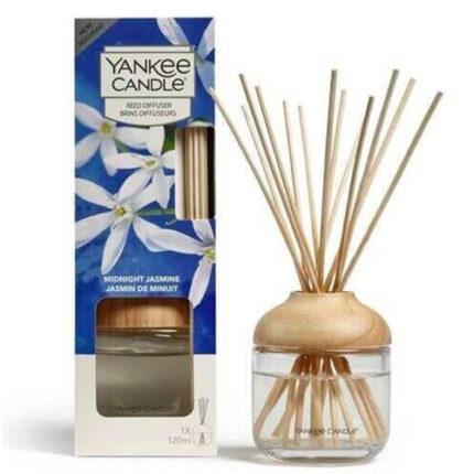 Yankee Candle Midnight Jasmine Reed Diffuser mit Duftstäbchen und Verpackung