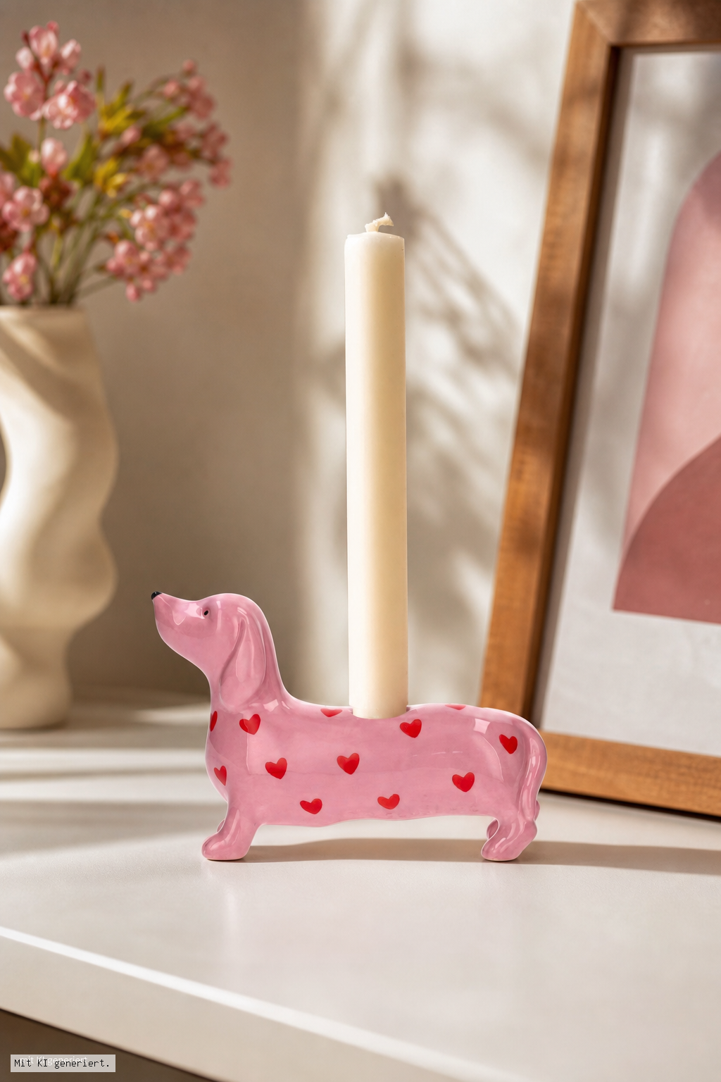 Mignon Kerzenhalter Dackel mit Herzen rosa 17x6x11,5cm – Stimmungsbild Mignon Kerzenhalter Dackel mit Herzen rosa 17x6x11,5cm – Produktansicht