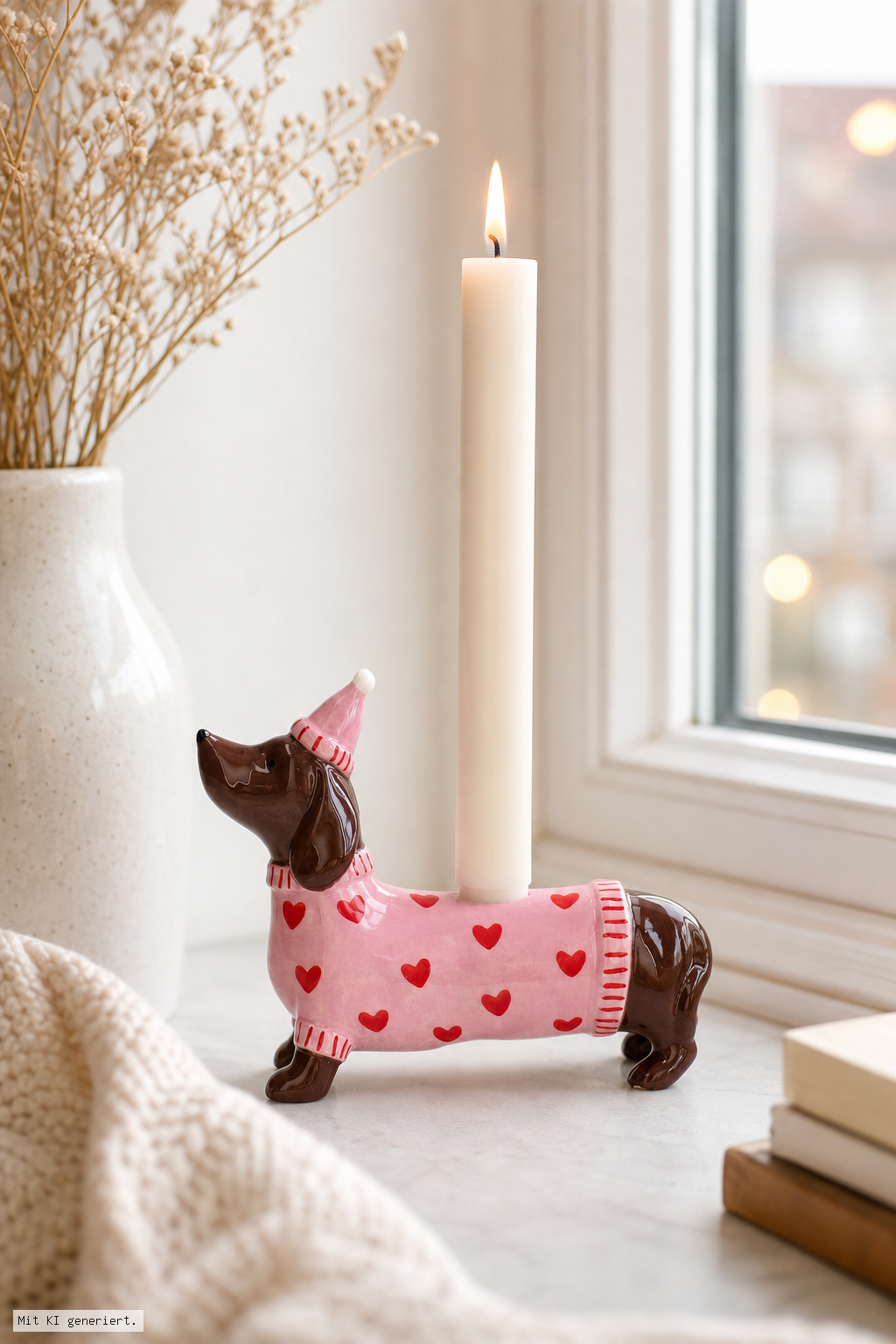 Mignon, Kerzenhalter Dackel mit Mütze, rosa – Stimmungsbild Mignon, Kerzenhalter Dackel mit Mütze, rosa – Produktansicht
