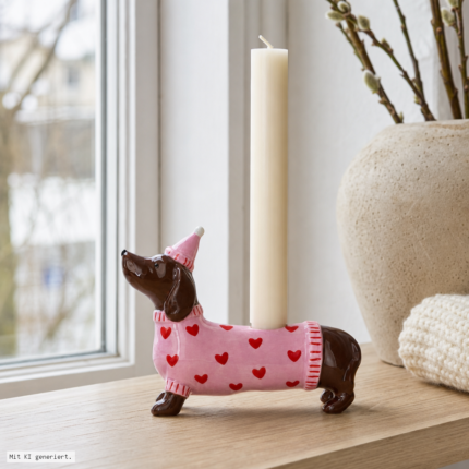 Mignon, Kerzenhalter Dackel mit Mütze, rosa – Produktansicht