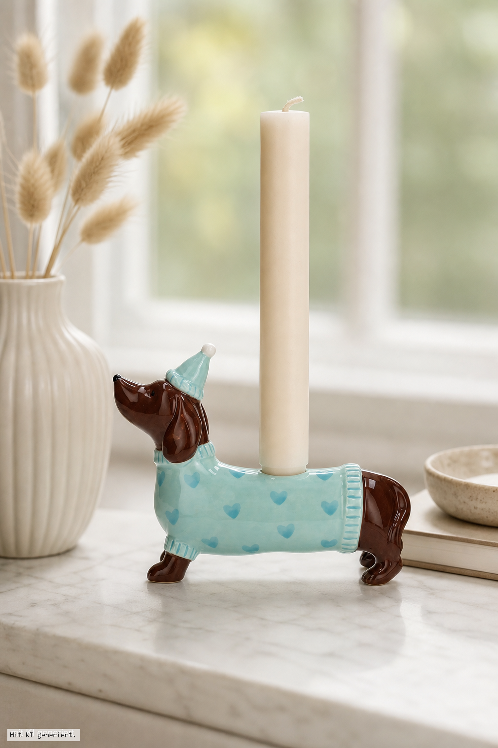 Mignon, Kerzenhalter Dackel mit Mütze, türkis – Stimmungsbild Mignon, Kerzenhalter Dackel mit Mütze, türkis – Produktansicht