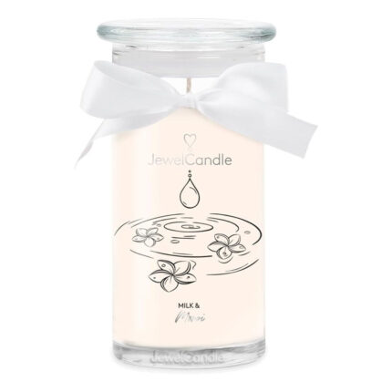 JewelCandle Milk & Monoi Kerze im Glas mit weißer Schleife