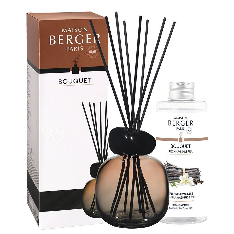 Diffuser mit Verpackung und Nachfüllflasche Raumduft-Diffuser mit schwarzen Duftstäbchen neben Verpackung und Nachfüllflasche