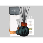 Schwarz-amberfarbener Diffuser mit schwarzen Duftstäbchen, Verpackung und Nachfüllflasche