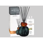 Schwarz-amberfarbener Diffuser mit schwarzen Duftstäbchen, Verpackung und Nachfüllflasche