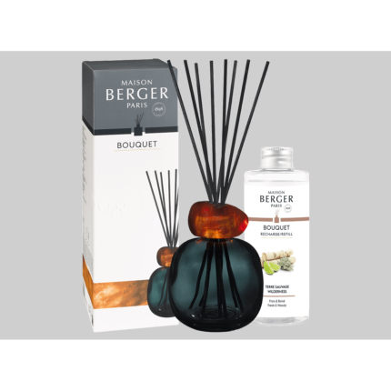 Schwarz-amberfarbener Diffuser mit schwarzen Duftstäbchen, Verpackung und Nachfüllflasche