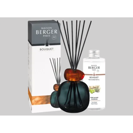 Schwarz-amberfarbener Diffuser mit schwarzen Duftstäbchen, Verpackung und Nachfüllflasche