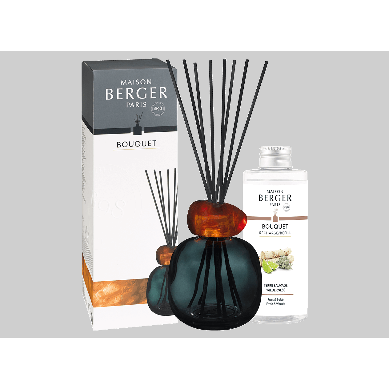 Diffuser-Set freigestellt Schwarz-amberfarbener Diffuser mit schwarzen Duftstäbchen, Verpackung und Nachfüllflasche