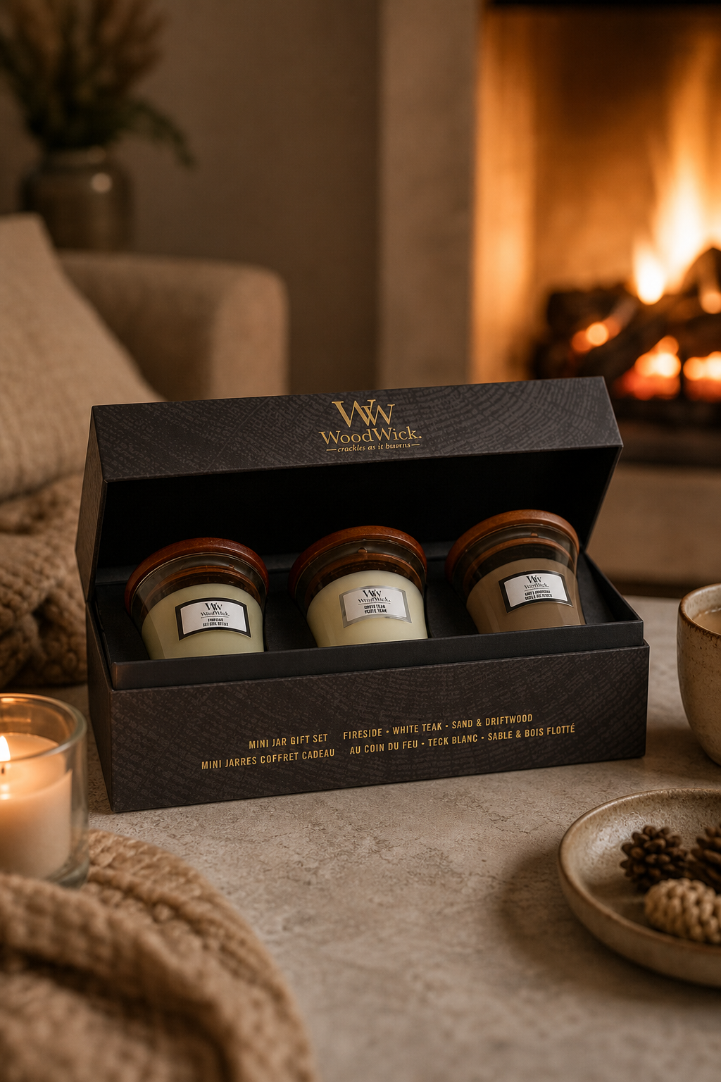 WoodWick Mini-Jar-Geschenkset geöffnet neben einem Kamin