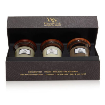 Geöffnetes Geschenkset mit drei WoodWick Mini-Jar-Kerzen