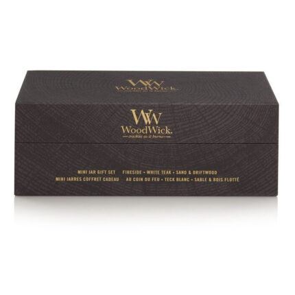 Geschlossene WoodWick Box mit Aufdruck Fireside, White Teak, Sand und Driftwood