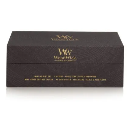 Geschlossene WoodWick Box mit Aufdruck Fireside, White Teak, Sand und Driftwood