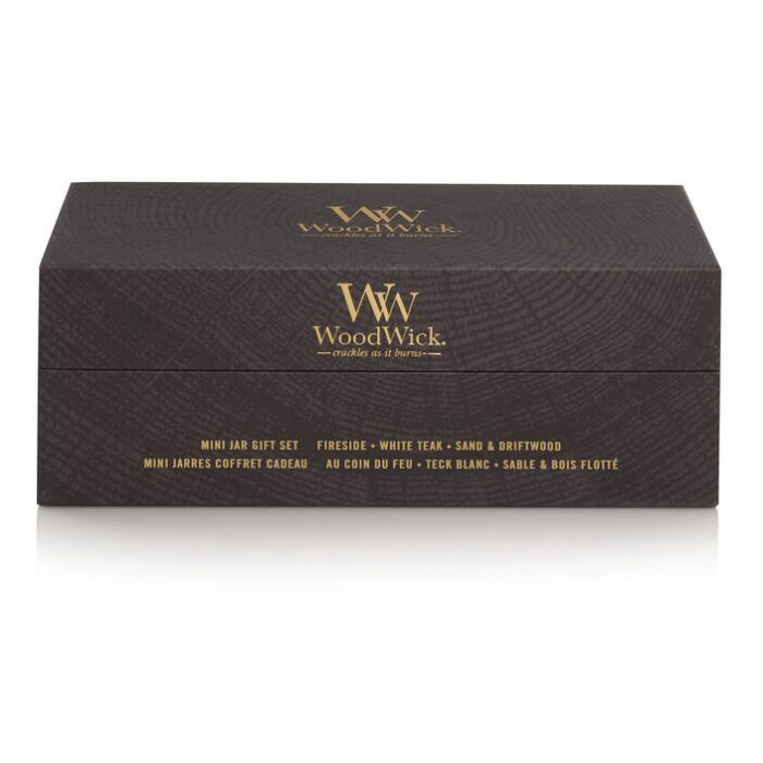 Geschlossene WoodWick Box mit Aufdruck Fireside, White Teak, Sand und Driftwood