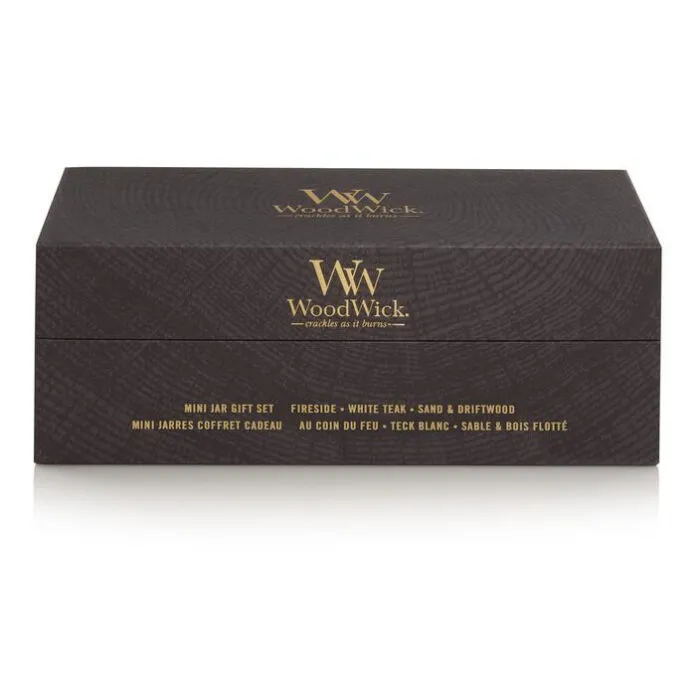 Geschlossene WoodWick Box mit Aufdruck Fireside, White Teak, Sand und Driftwood