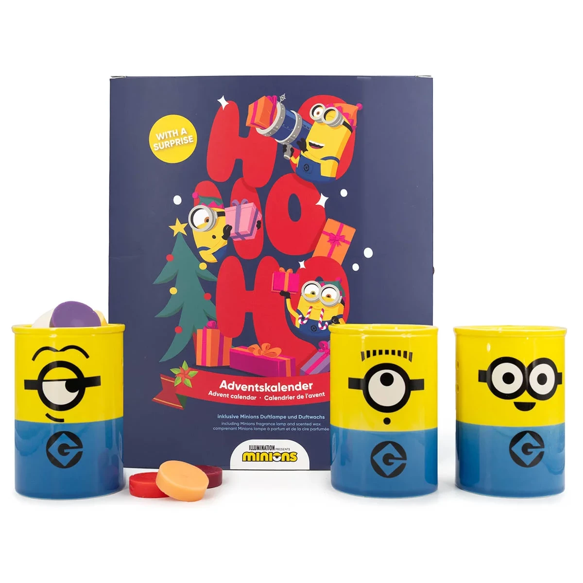 Minions Adventskalender mit Duftwachs Minions Adventskalender und drei bedruckte Duftwachsbehälter