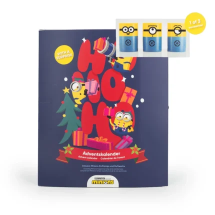 Minions Adventskalender mit drei abgebildeten Behältern und Wachswärmer-Hinweis