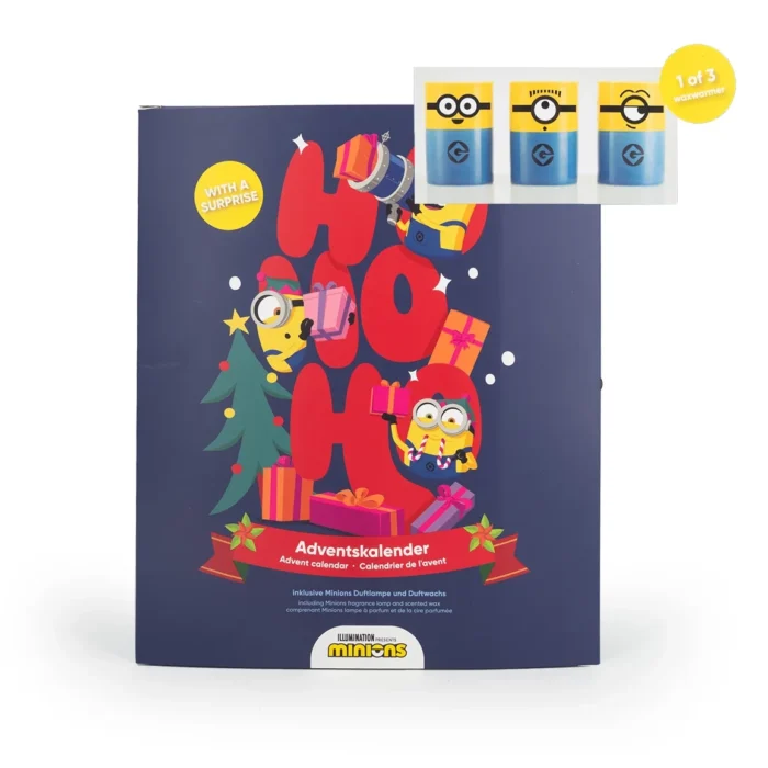 Minions Adventskalender mit drei abgebildeten Behältern und Wachswärmer-Hinweis