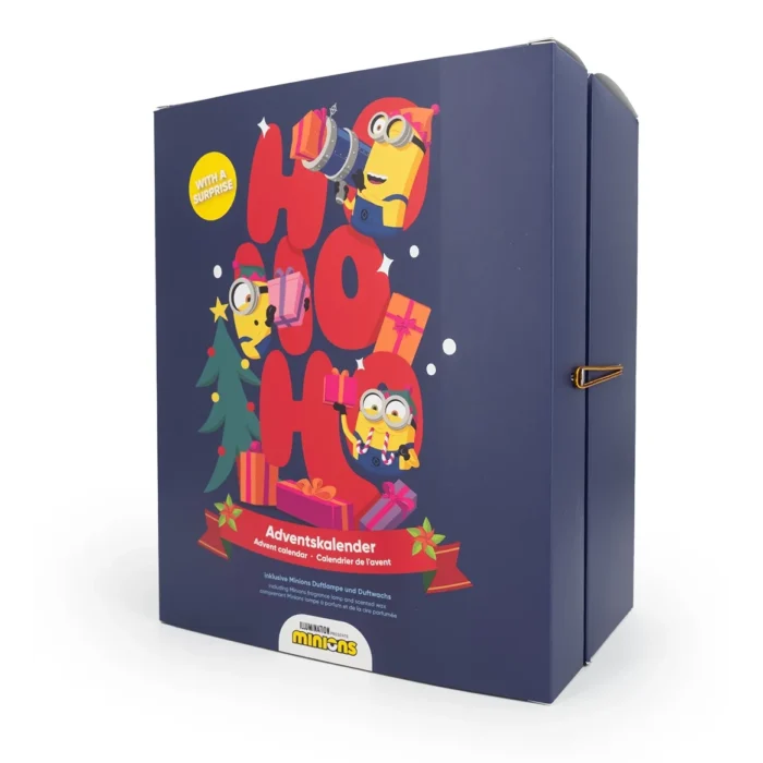 Minions Adventskalender mit sichtbarem Frontmotiv und seitlichem Verschluss