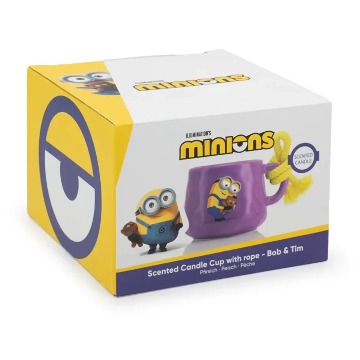 Vorderseite der Minions-Verpackung mit lila Kerzentasse und Kordel