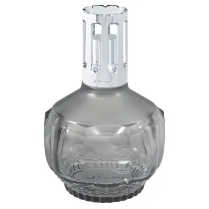 Graue Molecule Lampe Berger mit rundem Glasbehälter und Metallaufsatz
