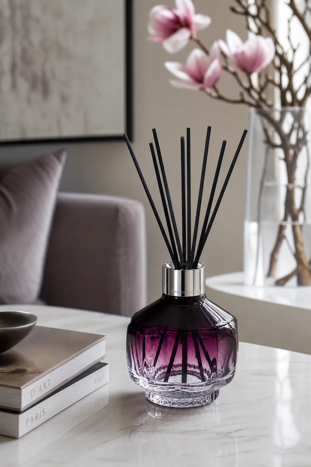 Raumduft-Diffuser im Wohnraum Raumduft-Diffuser mit Duftstäbchen auf einem Tisch neben Magnolienzweigen