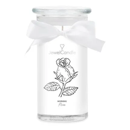 JewelCandle Morning Rose Kerze im Glas mit Rosenz e ichnung und weißer Schleife
