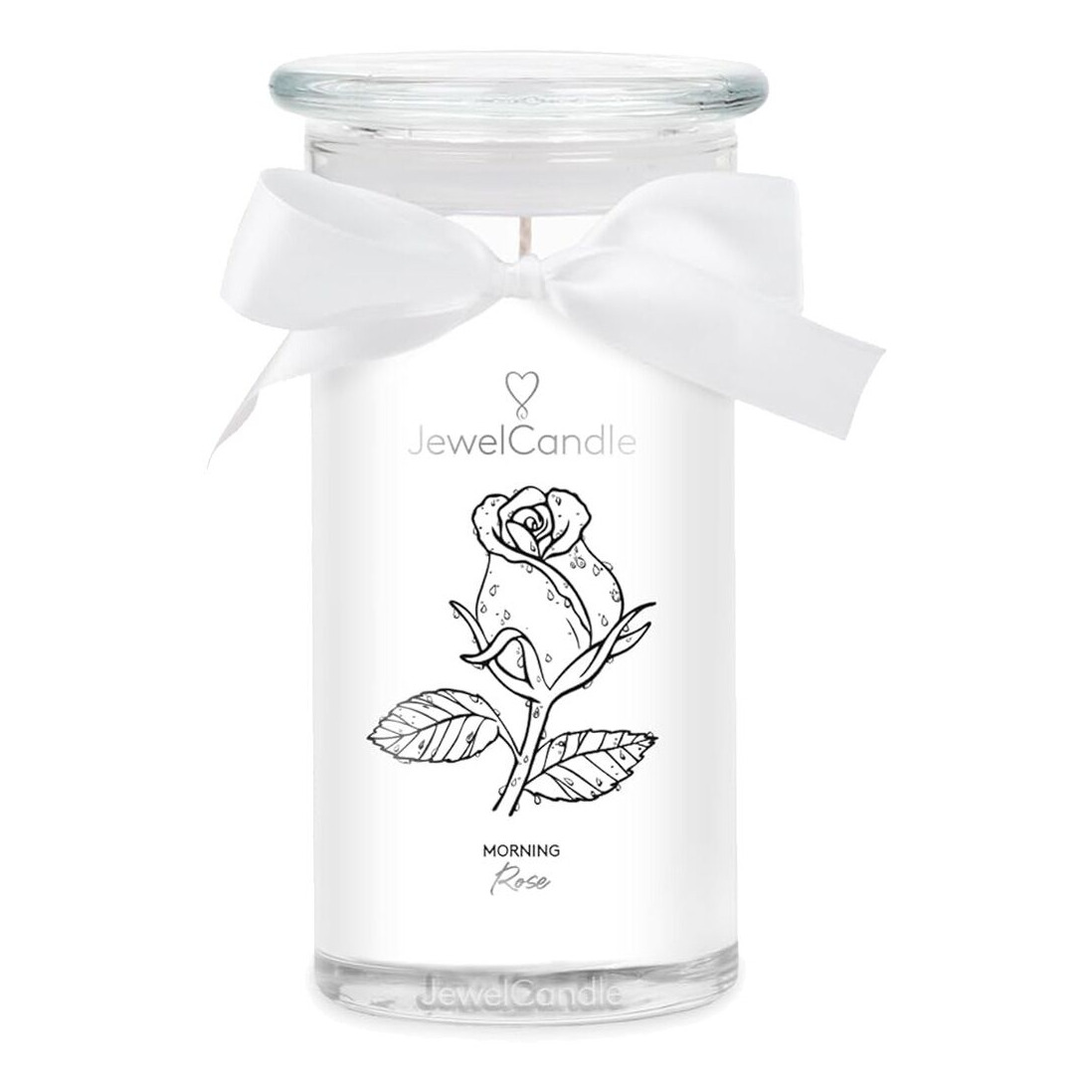 Morning Rose Kerze frontal JewelCandle Morning Rose Kerze im Glas mit Rosenz e ichnung und weißer Schleife