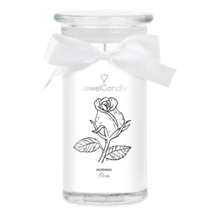 Weiße JewelCandle-Kerze im Glas mit Rosenz e ichnung und Schleife