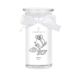 JewelCandle Morning Rose Kerze im Glas mit Rosenz e ichnung und weißer Schleife