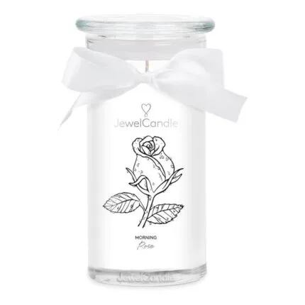 JewelCandle Morning Rose Kerze mit Rosenmotiv und weißer Schleife