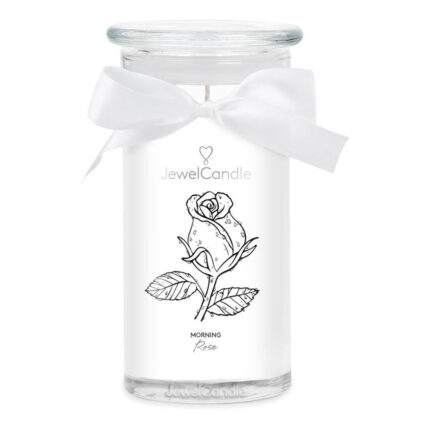 JewelCandle Morning Rose Kerze im Glas mit weißer Schleife und Rosenmotiv