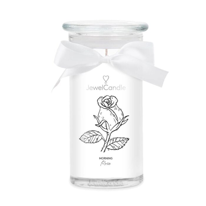 JewelCandle Morning Rose Kerze mit Rosenmotiv und weißer Schleife