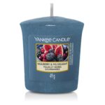 Vorderansicht der blauen Yankee Candle Duftkerze mit Fruchtmotiv und 49 g