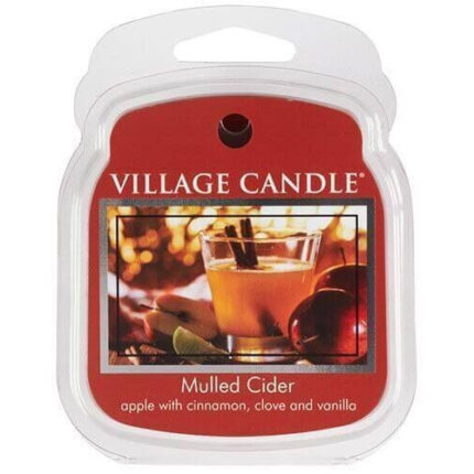 Village Candle Mulled Cider Verpackung mit rotem Etikett und Getränkemotiv