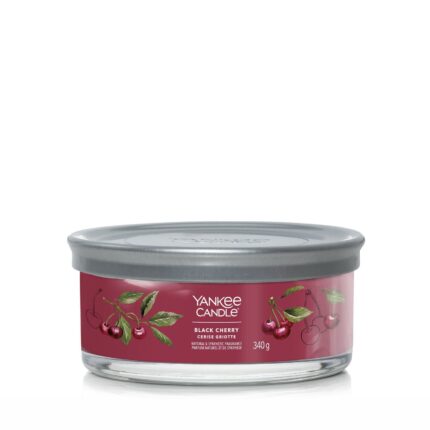 Yankee Candle Black Cherry Duftkerze mit silbernem Deckel und Kirschmotiv