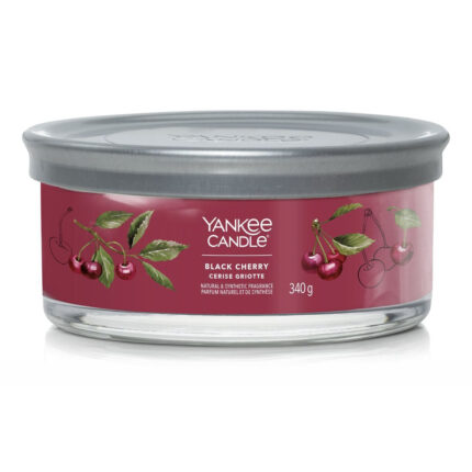 Yankee Candle Black Cherry Duftkerze mit silbernem Deckel und Kirschmotiv