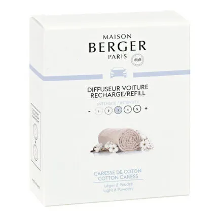 Maison Berger Verpackung mit Aufdruck Caresse de Coton und Intensitätsstufe drei