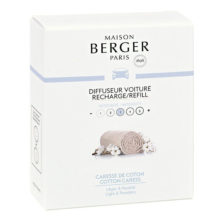 Autoduft-Nachfüller Caresse de Coton Maison Berger Verpackung mit Aufdruck Caresse de Coton und Intensitätsstufe drei
