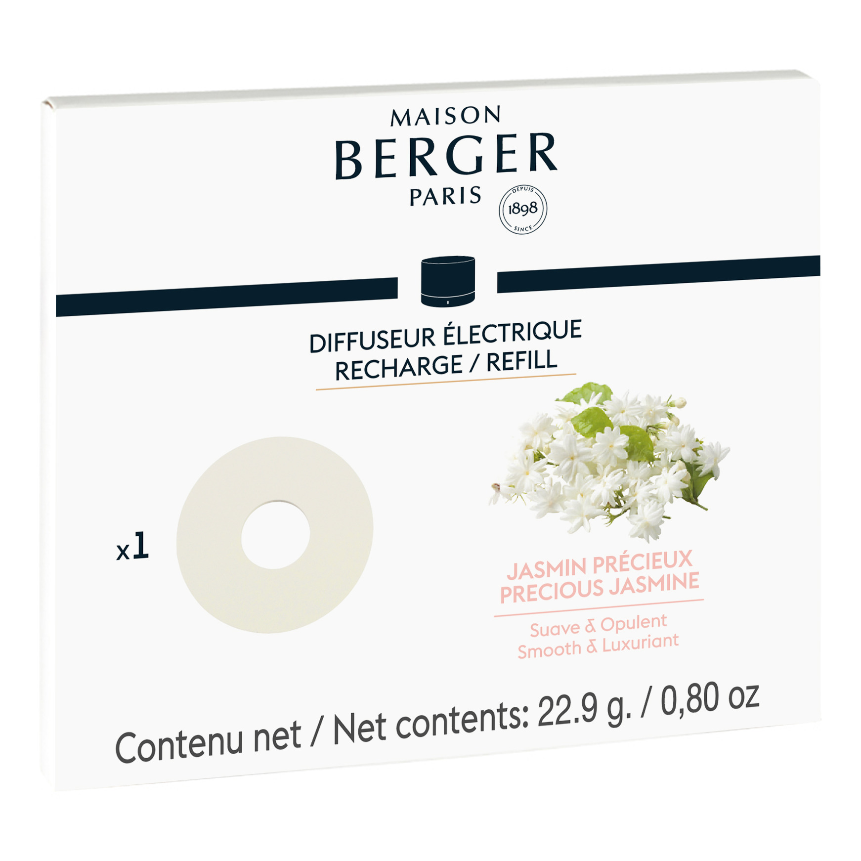 Jasmin-Diffuser-Nachfüller in Verpackung Maison-Berger-Verpackung für elektrischen Diffuser-Nachfüller mit Jasminmotiv